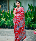 Red Color Ajarakh Print With Mirror Work And Latkan Satin Crepe Saree 