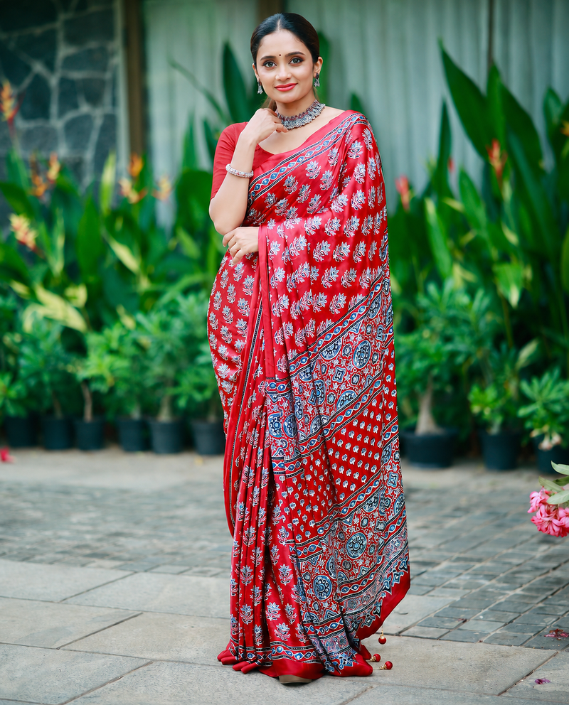 Red Color Ajarakh Print With Mirror Work And Latkan Satin Crepe Saree 