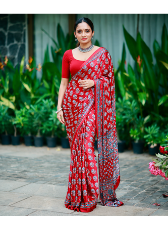 Red Color Ajarakh Print With Mirror Work And Latkan Satin Crepe Saree  2