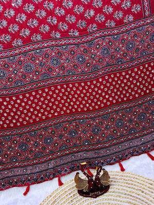 Red Color Ajarakh Print With Mirror Work And Latkan Satin Crepe Saree  3