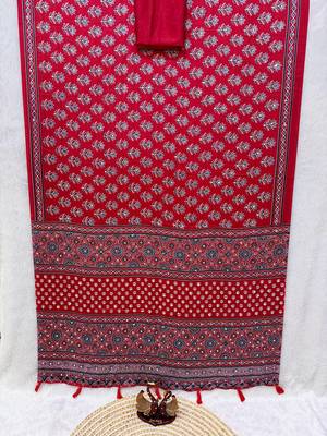 Red Color Ajarakh Print With Mirror Work And Latkan Satin Crepe Saree  4