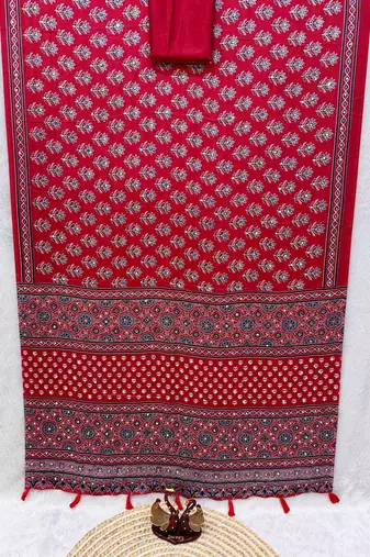 Red Color Ajarakh Print With Mirror Work And Latkan Satin Crepe Saree 