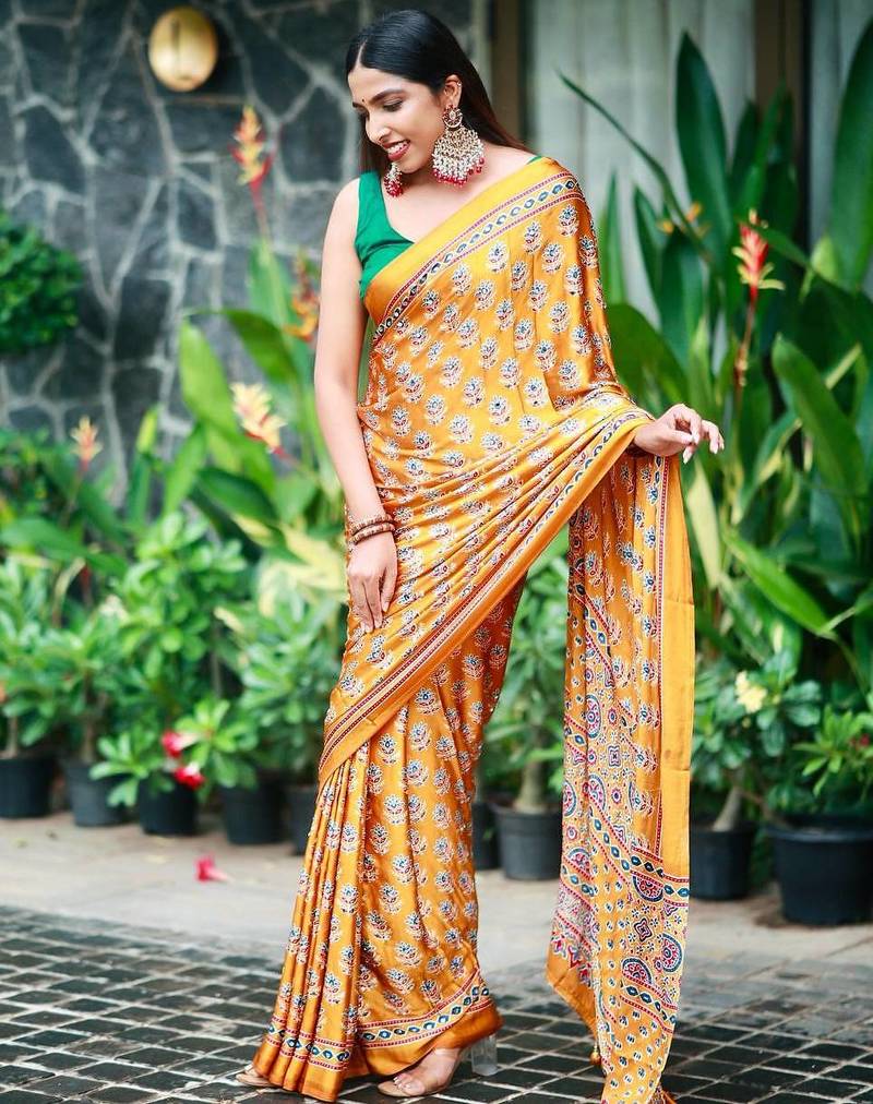 Yellow Color Ajarakh Print With Mirror Work And Latkan Satin Crepe Saree 