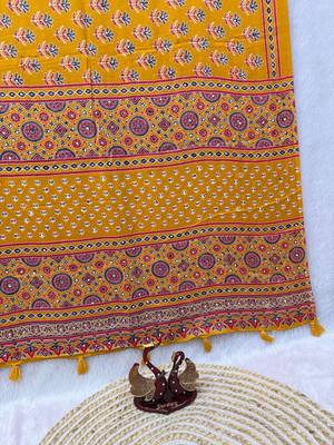 Yellow Color Ajarakh Print With Mirror Work And Latkan Satin Crepe Saree  3