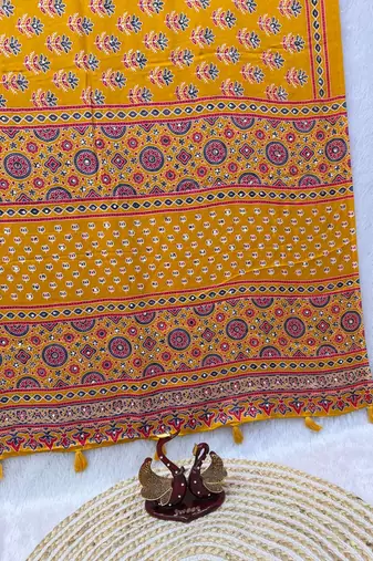 Yellow Color Ajarakh Print With Mirror Work And Latkan Satin Crepe Saree 