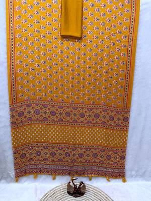 Yellow Color Ajarakh Print With Mirror Work And Latkan Satin Crepe Saree  4