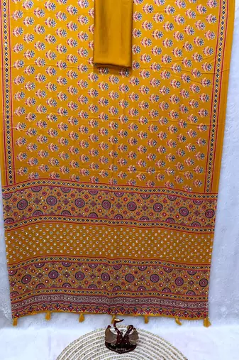 Yellow Color Ajarakh Print With Mirror Work And Latkan Satin Crepe Saree 