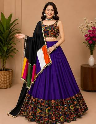 Purple  Plain Lehenga With Full Kutch Work Blouse For Navratri - full stitched free size 1
