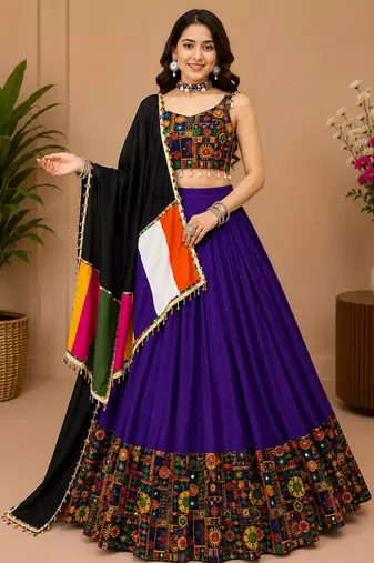Purple  Plain Lehenga With Full Kutch Work Blouse For Navratri - full stitched free size