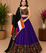 Purple  Plain Lehenga With Full Kutch Work Blouse For Navratri - full stitched free size