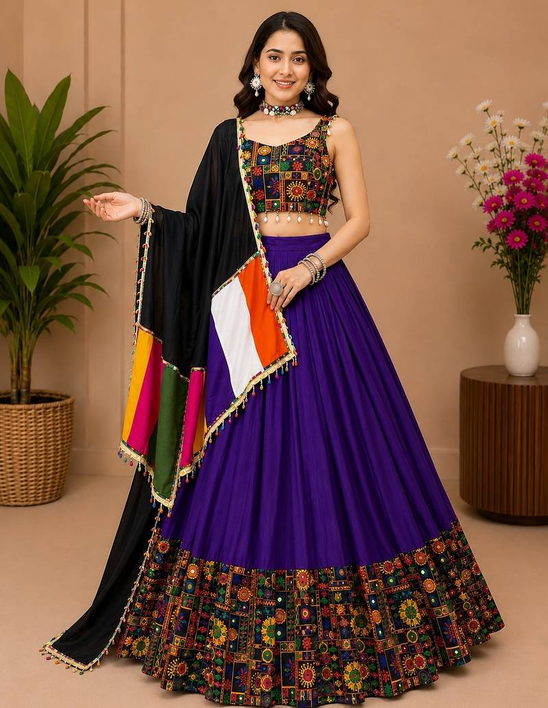 Purple  Plain Lehenga With Full Kutch Work Blouse For Navratri - full stitched free size