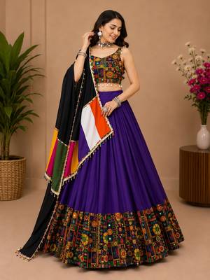 Purple  Plain Lehenga With Full Kutch Work Blouse For Navratri - full stitched free size 2