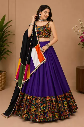 Purple  Plain Lehenga With Full Kutch Work Blouse For Navratri - full stitched free size