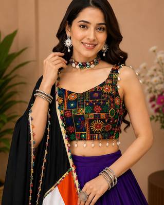 Purple  Plain Lehenga With Full Kutch Work Blouse For Navratri - full stitched free size 3