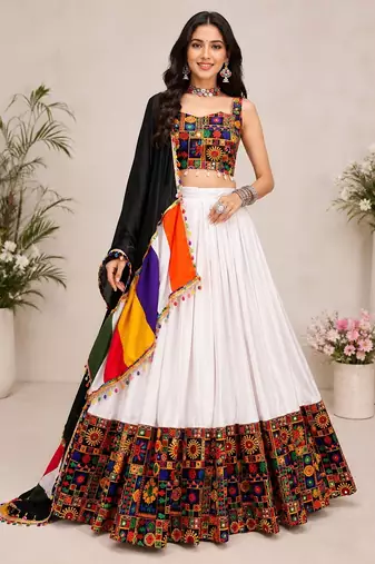 White Plain Lehenga With Full Kutch Work Blouse For Navratri - full stitched free size