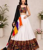 White Plain Lehenga With Full Kutch Work Blouse For Navratri - full stitched free size