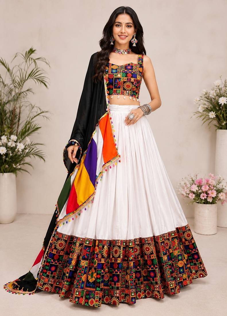 White Plain Lehenga With Full Kutch Work Blouse For Navratri - full stitched free size