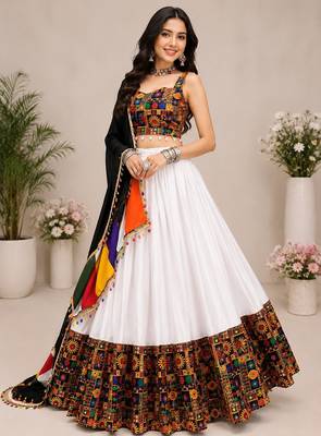 White Plain Lehenga With Full Kutch Work Blouse For Navratri - full stitched free size 2