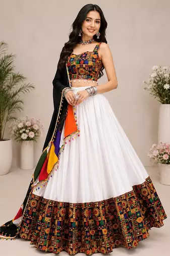 White Plain Lehenga With Full Kutch Work Blouse For Navratri - full stitched free size