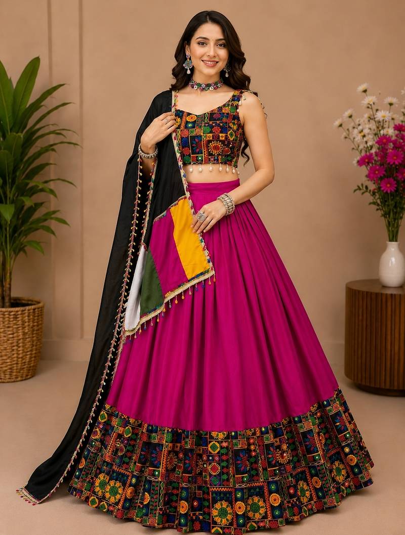 Pink Plain Lehenga With Full Kutch Work Blouse For Navratri - full stitched free size