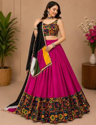 Pink Plain Lehenga With Full Kutch Work Blouse For Navratri - full stitched free size 2
