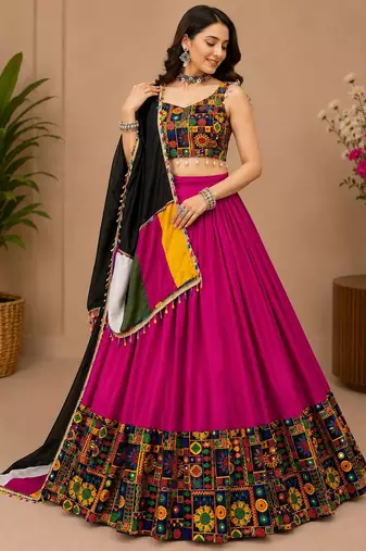 Pink Plain Lehenga With Full Kutch Work Blouse For Navratri - full stitched free size