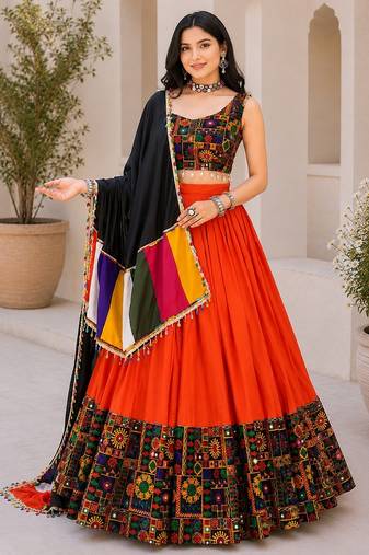 Orange Plain Lehenga With Full Kutch Work Blouse For Navratri