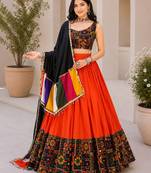 Orange Plain Lehenga With Full Kutch Work Blouse For Navratri - full stitched free size