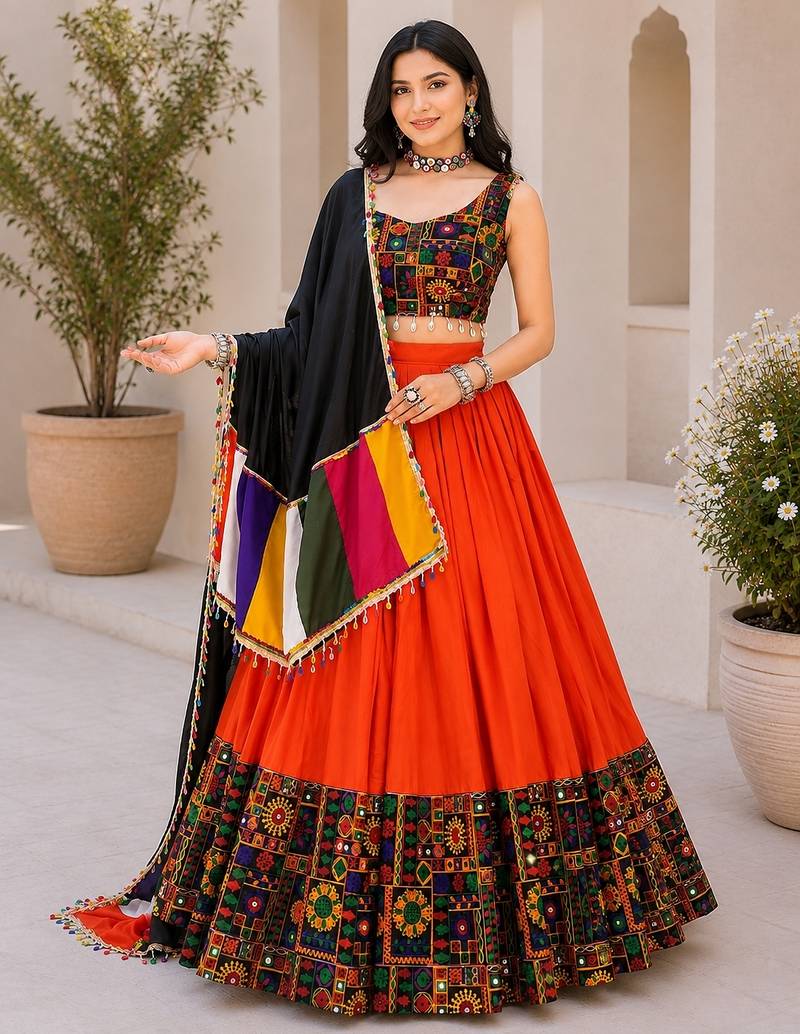 Orange Plain Lehenga With Full Kutch Work Blouse For Navratri - full stitched free size