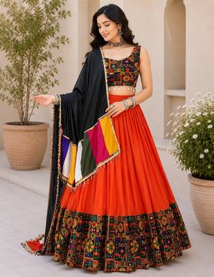 Orange Plain Lehenga With Full Kutch Work Blouse For Navratri - full stitched free size 2