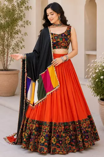 Orange Plain Lehenga With Full Kutch Work Blouse For Navratri - full stitched free size