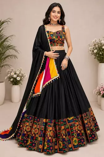 Black Plain Lehenga With Full Kutch Work Blouse For Navratri - full stitched free size