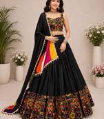 Black Plain Lehenga With Full Kutch Work Blouse For Navratri - full stitched free size