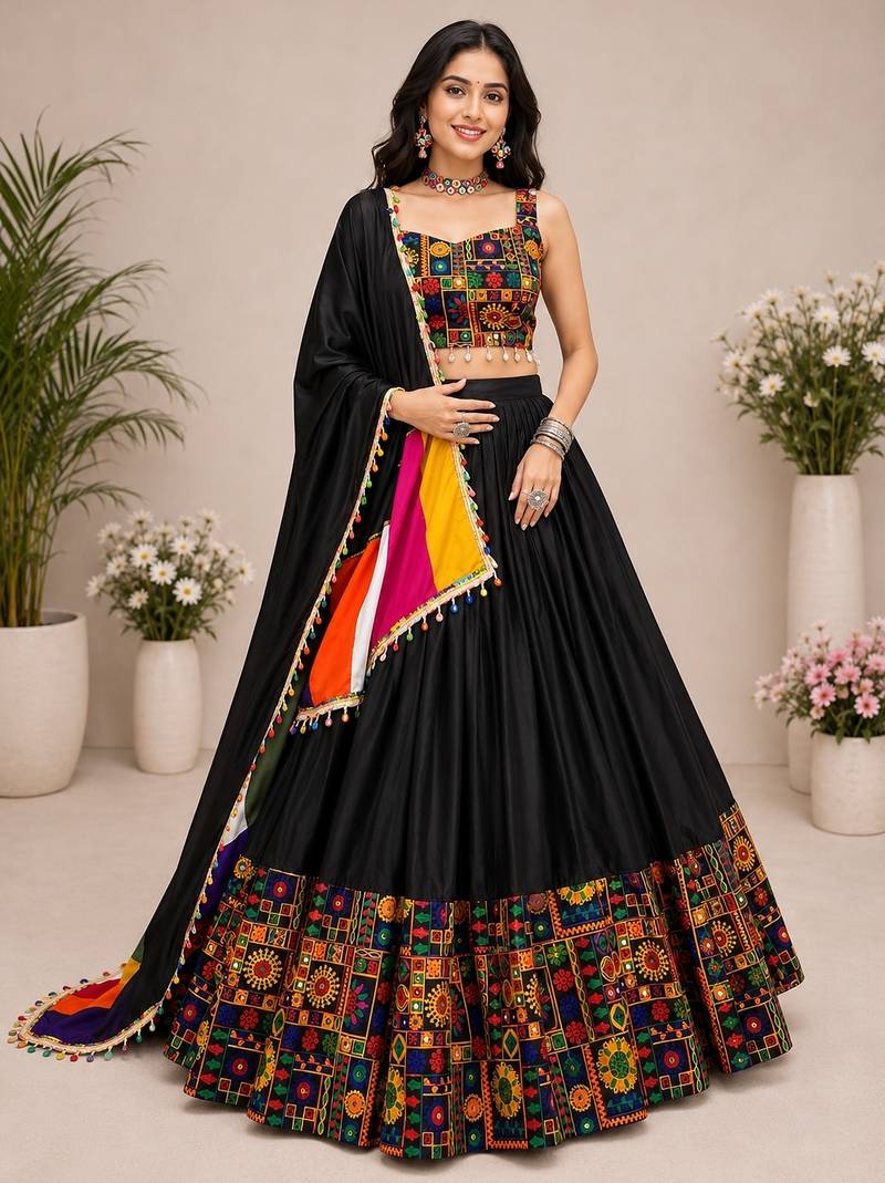 Black Plain Lehenga With Full Kutch Work Blouse For Navratri - full stitched free size