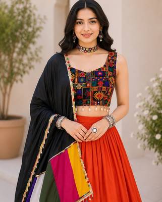Orange Plain Lehenga With Full Kutch Work Blouse For Navratri - full stitched free size 3