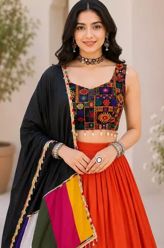 Orange Plain Lehenga With Full Kutch Work Blouse For Navratri - full stitched free size