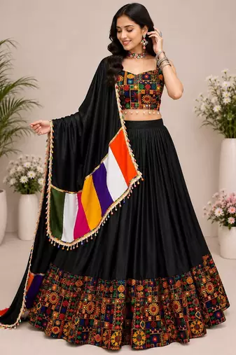 Black Plain Lehenga With Full Kutch Work Blouse For Navratri - full stitched free size