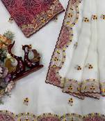 White Color Aplic Work With Sequins And Thread Embroidery Work Silk Blend Saree