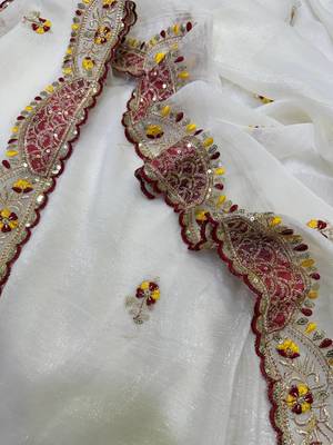 White Color Aplic Work With Sequins And Thread Embroidery Work Silk Blend Saree 2