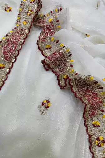 White Color Aplic Work With Sequins And Thread Embroidery Work Silk Blend Saree