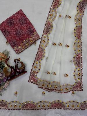 White Color Aplic Work With Sequins And Thread Embroidery Work Silk Blend Saree 4