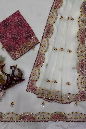 White Color Aplic Work With Sequins And Thread Embroidery Work Silk Blend Saree