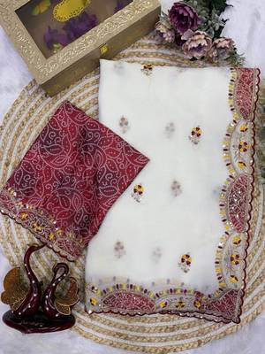 White Color Aplic Work With Sequins And Thread Embroidery Work Silk Blend Saree 5