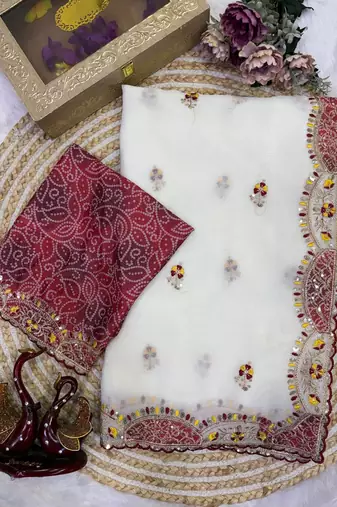 White Color Aplic Work With Sequins And Thread Embroidery Work Silk Blend Saree