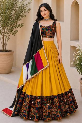 Mustard Plain Lehenga With Full Kutch Work Blouse For Navratri