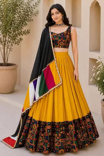 Mustard Plain Lehenga With Full Kutch Work Blouse For Navratri - full stitched free size