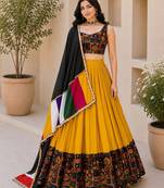 Mustard Plain Lehenga With Full Kutch Work Blouse For Navratri - full stitched free size