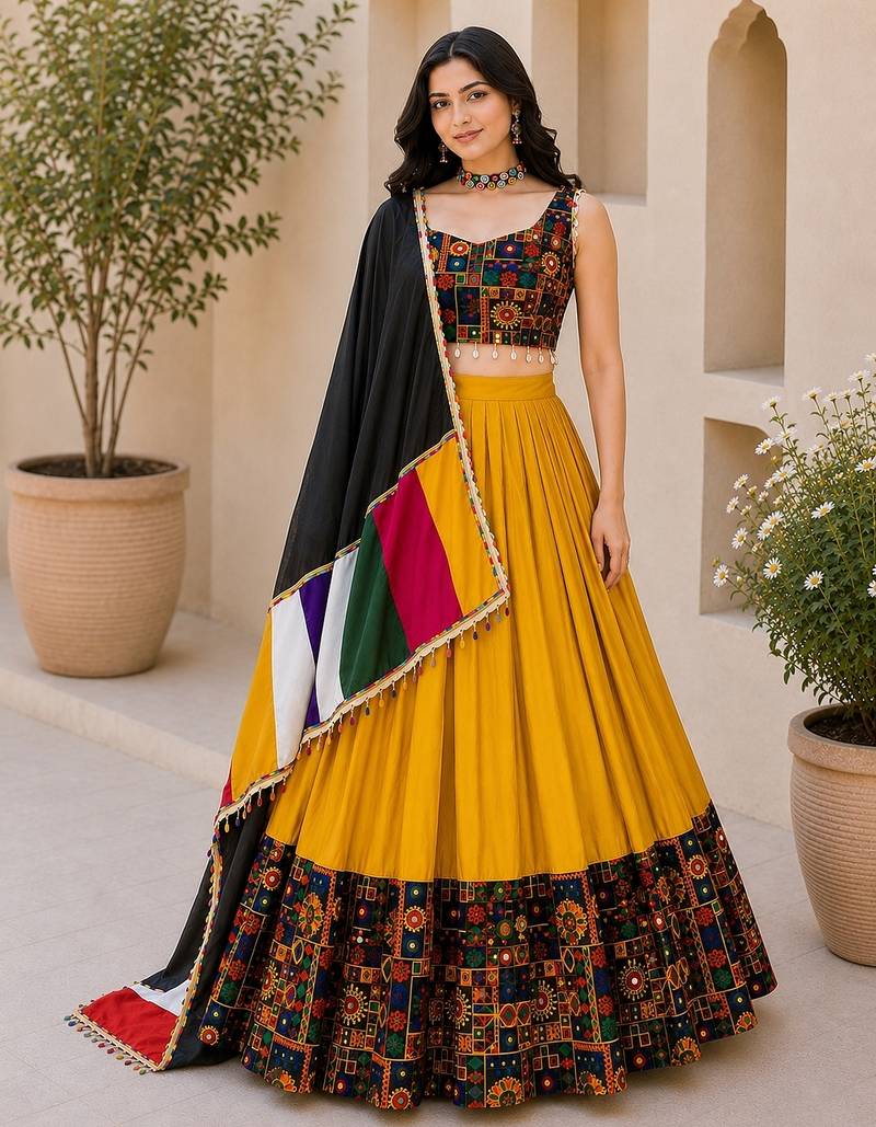 Mustard Plain Lehenga With Full Kutch Work Blouse For Navratri - full stitched free size