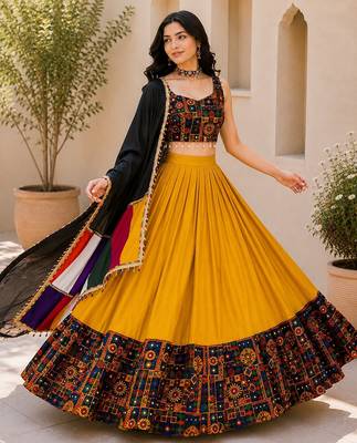 Mustard Plain Lehenga With Full Kutch Work Blouse For Navratri - full stitched free size 2