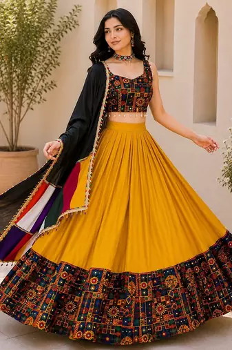 Mustard Plain Lehenga With Full Kutch Work Blouse For Navratri - full stitched free size
